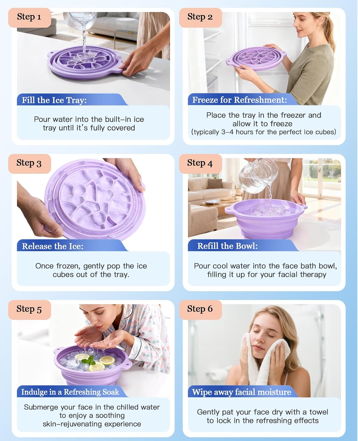 Silicone Ice Cube Bowl with Lid for Ice Facial & Cold Therapy, Foldable Facial Ice Bath with Built-in Icetray