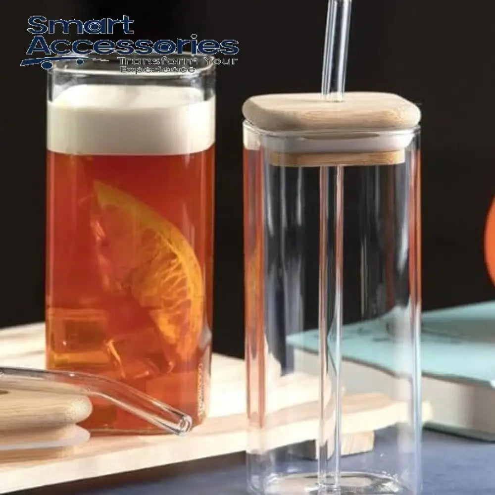 Borosilicate Glass Mugs With Straws & Wooden Lids (Set Of 2)