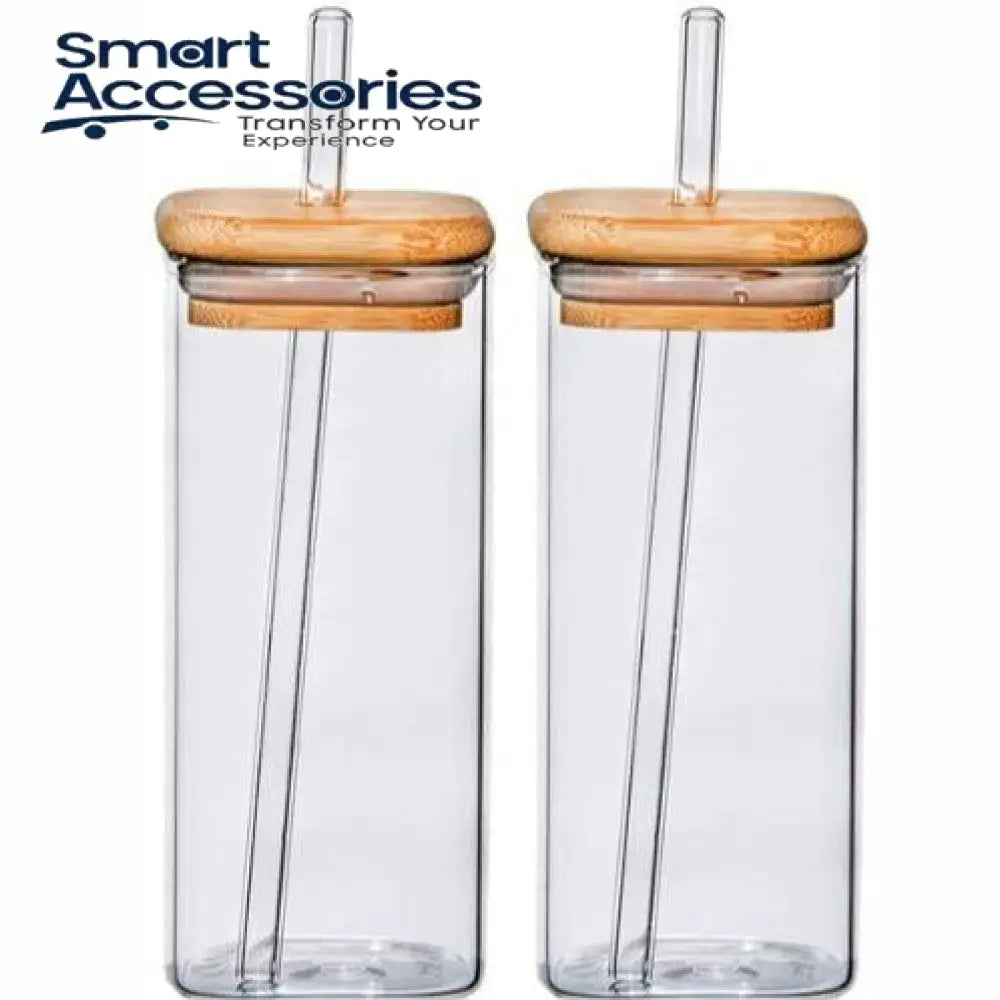 Borosilicate Glass Mugs With Straws & Wooden Lids (Set Of 2)