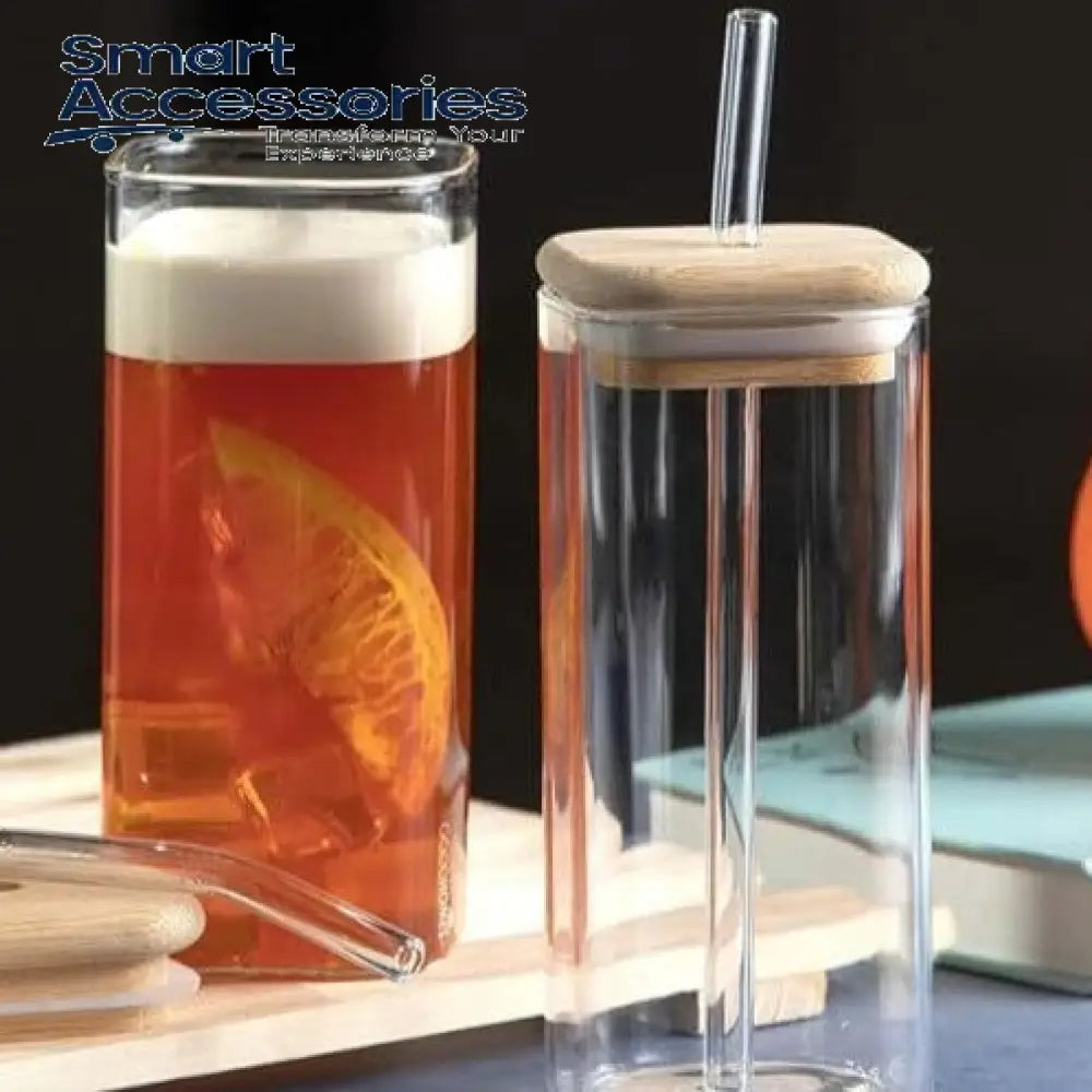 Borosilicate Glass Mugs With Straws & Wooden Lids (Set Of 2)