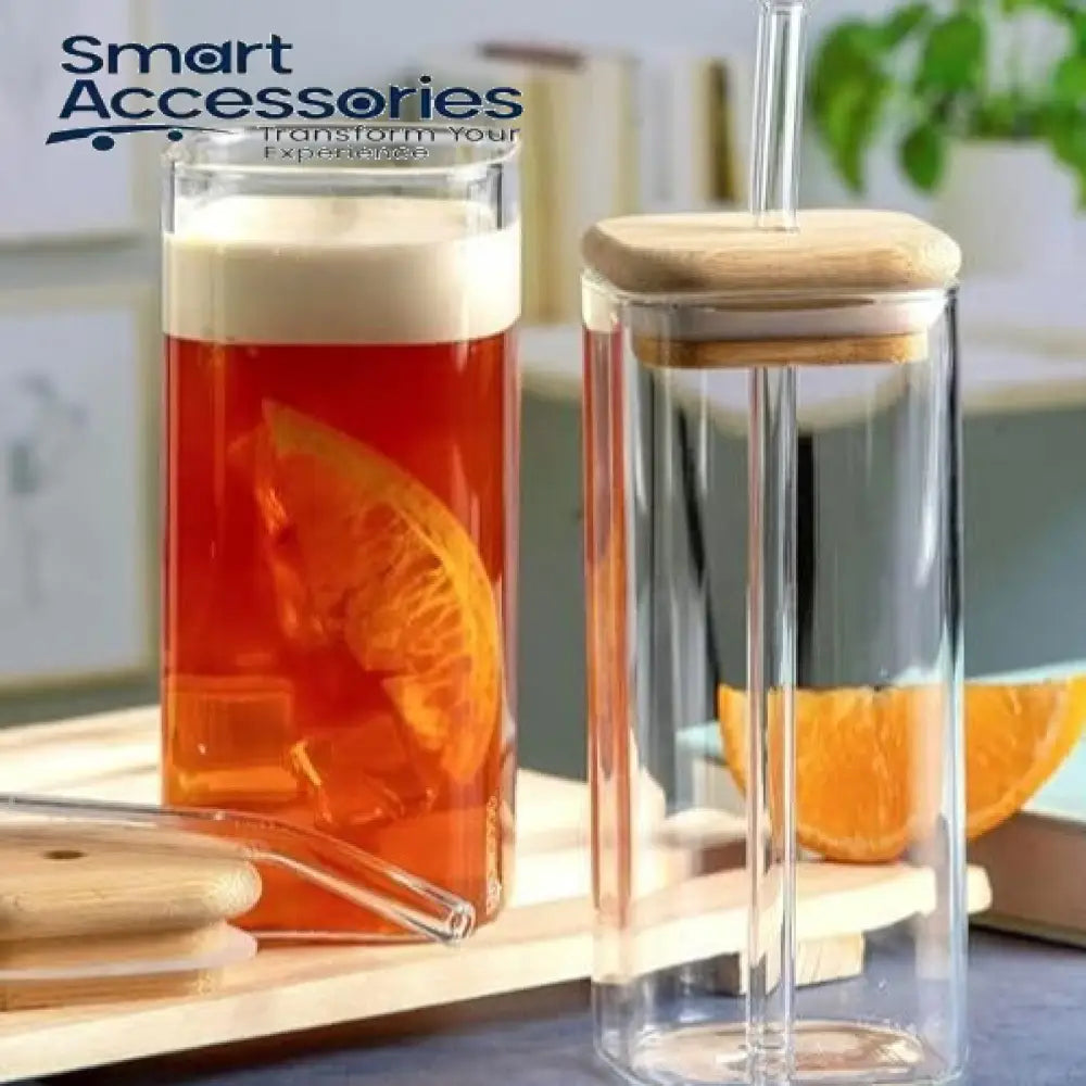 Borosilicate Glass Mugs With Straws & Wooden Lids (Set Of 2)