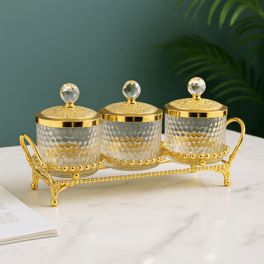 Golden Crystal 3-Piece Condiment Set with Stand