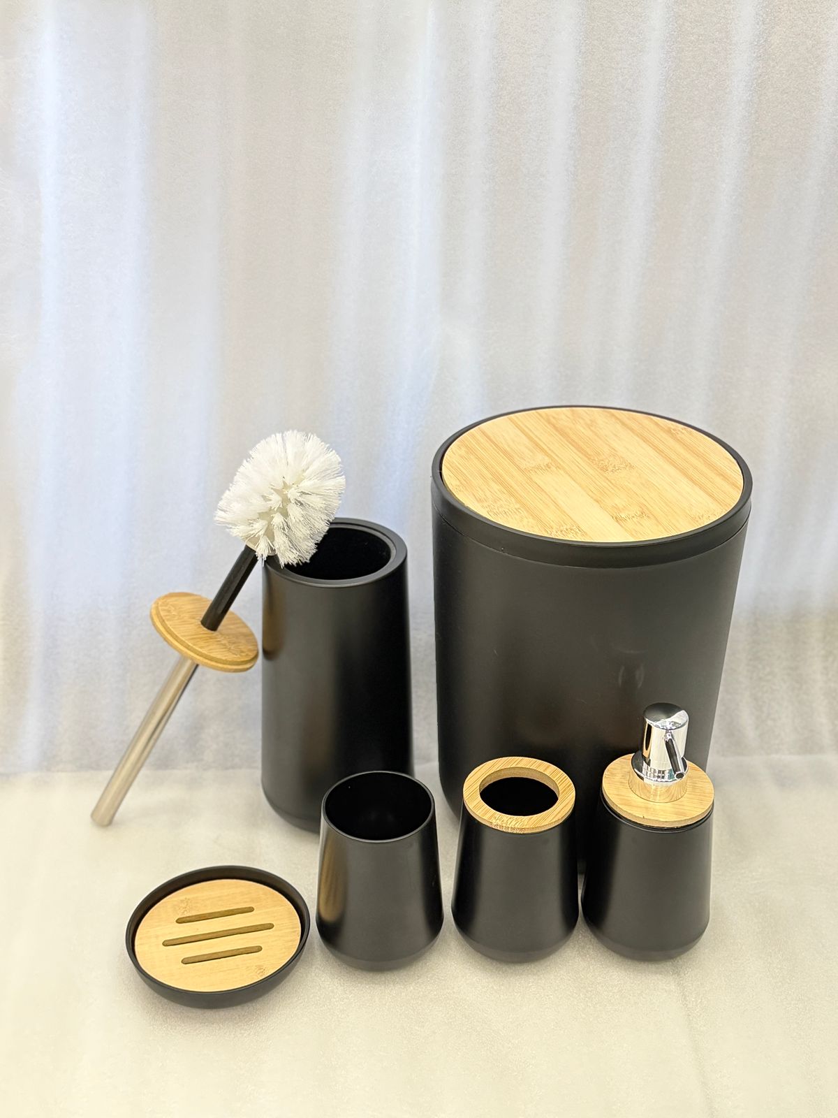 Premium Black & Bamboo 6 Pcs Bathroom Accessories Set – Modern Luxury