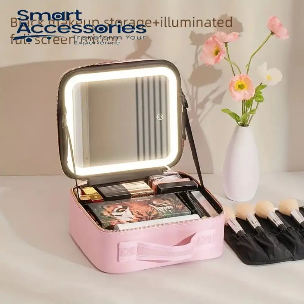 Cosmetics Storage Bag With Led Mirror Pink