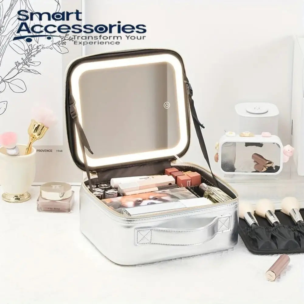 Cosmetics Storage Bag With Led Mirror White