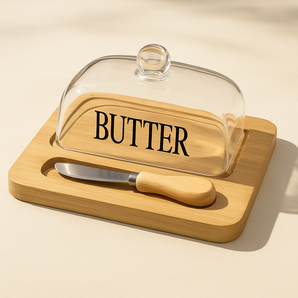 Glass Butter Dish with Bamboo Base and Wooden Knife