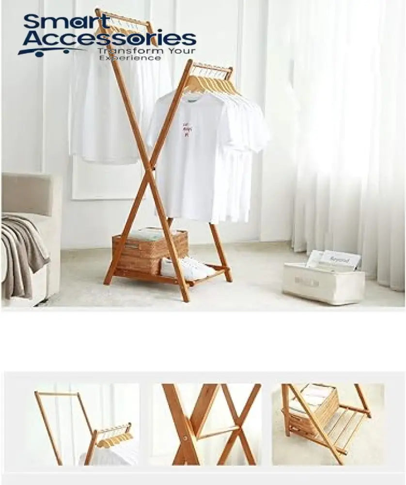 Foldable Wooden Coat Rack Hanger Stand With Shoe