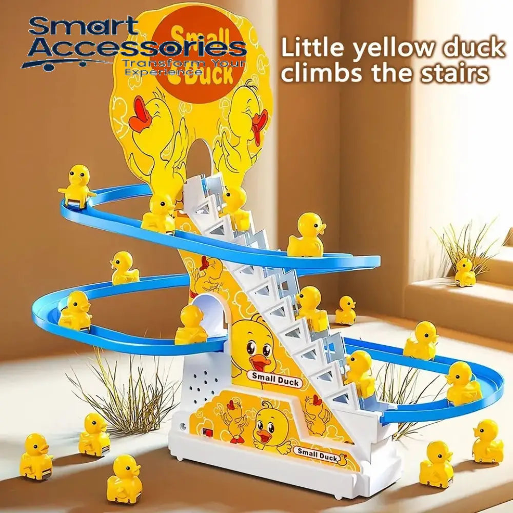 Funny Little Yellow Ducks Climbing Stairs And Sliding At Race Track For Kids Birthday Gifts