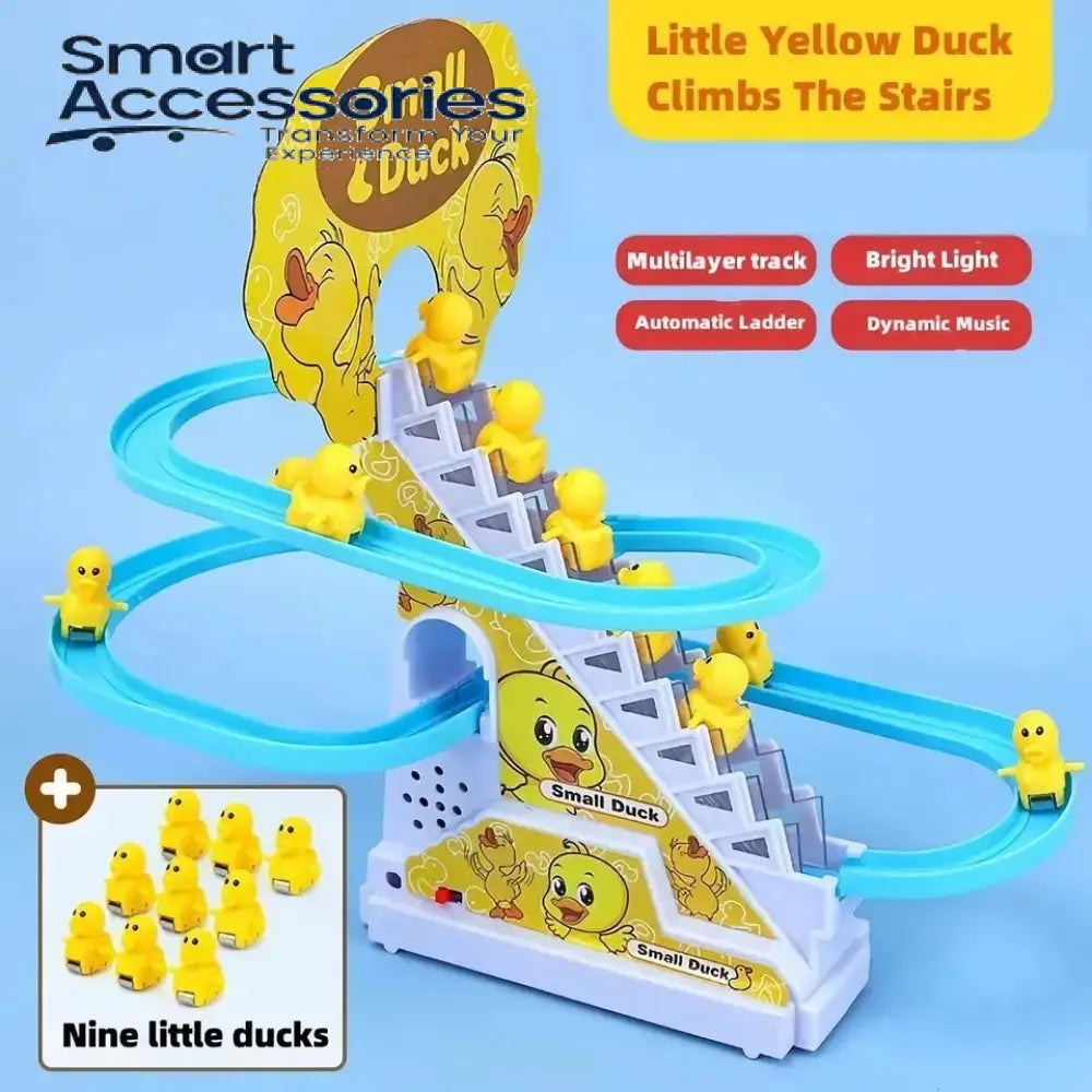 Funny Little Yellow Ducks Climbing Stairs And Sliding At Race Track For Kids Birthday Gifts