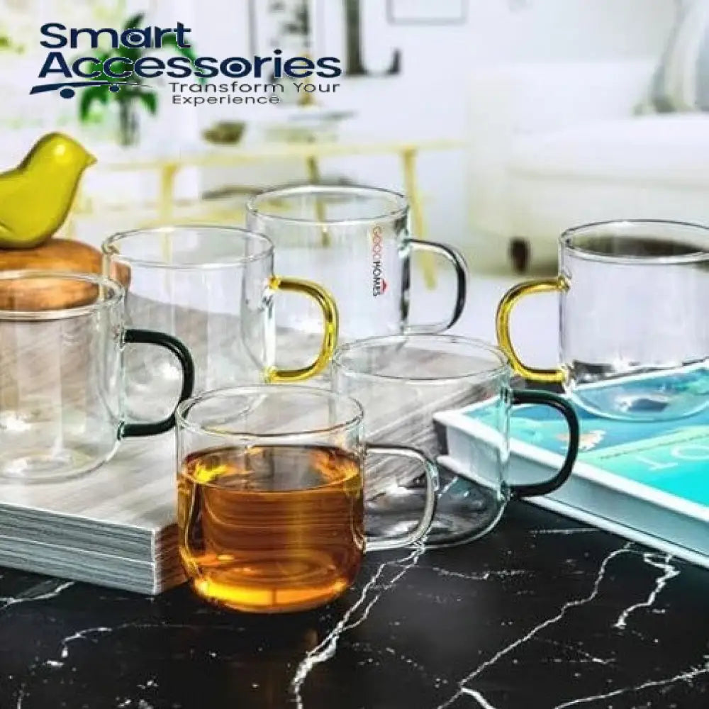 Glass Tea/Coffee Mug With Coloured Handle Set Of 4Pcs