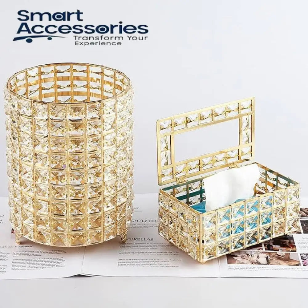 Golden Crystal Dustbin Tissue Box Set