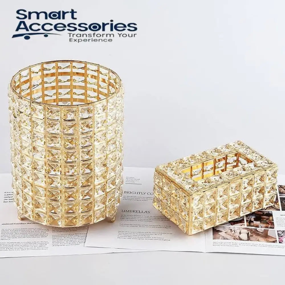 Golden Crystal Dustbin Tissue Box Set