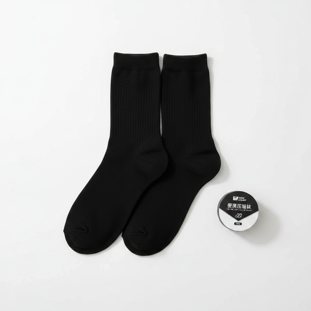 Black disposable travel socks flat lay with travel pod
