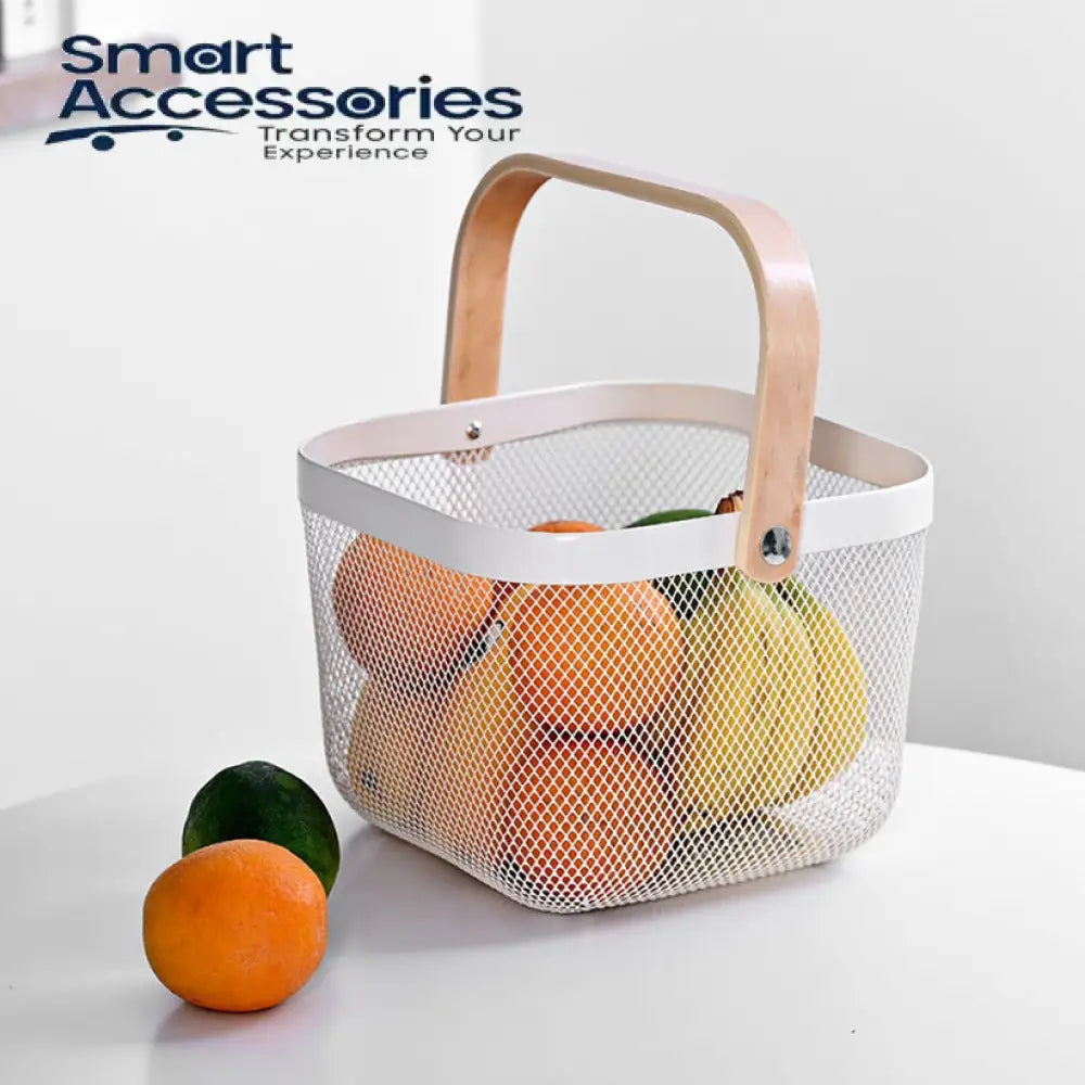 Kitchen Organizer Metal Wire Mesh Fruit Storage Basket With Wooden Handle