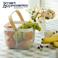 Kitchen Organizer Metal Wire Mesh Fruit Storage Basket With Wooden Handle