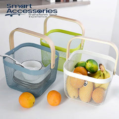 Kitchen Organizer Metal Wire Mesh Fruit Storage Basket With Wooden Handle