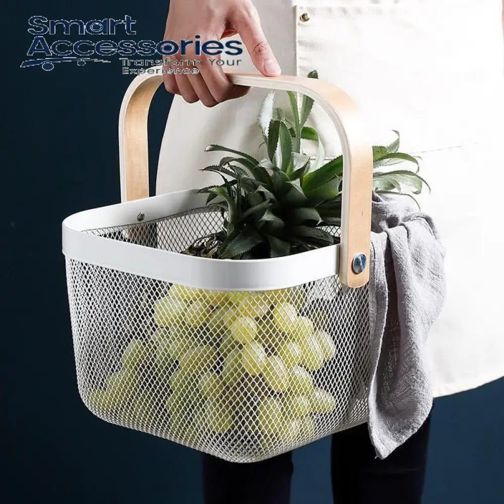 Kitchen Organizer Metal Wire Mesh Fruit Storage Basket With Wooden Handle