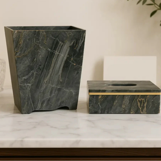 Luxury Black Marble Tissue Box & Dustbin Set – Elegant Gold Veined Design