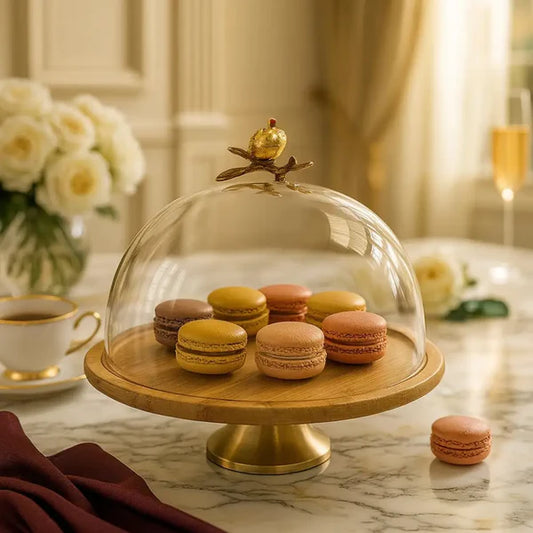 Elegant Glass Dome Cake Stand – 30CM Wooden Base with Gold Handle