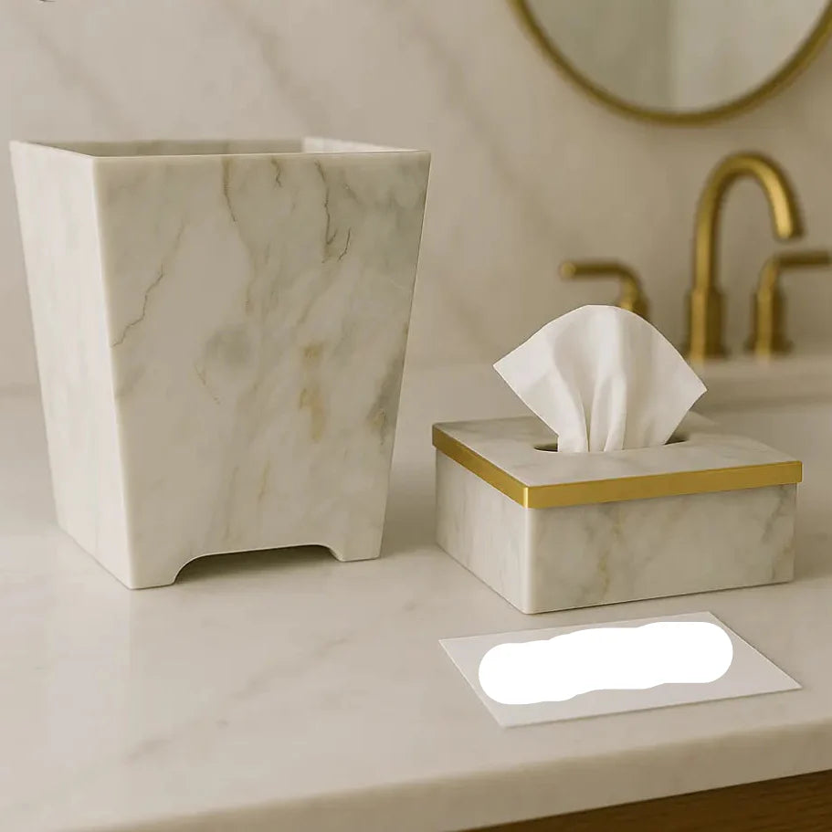 Luxury Marble Tissue Box & Dustbin Set – Gold Accent Premium Bathroom Collection