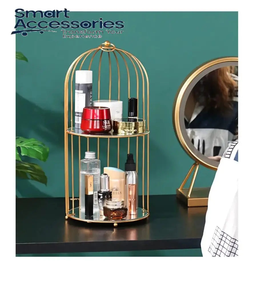 New Style Birdcage Makeup Organizer Metal Brass Cosmetic With Mirror Shelves