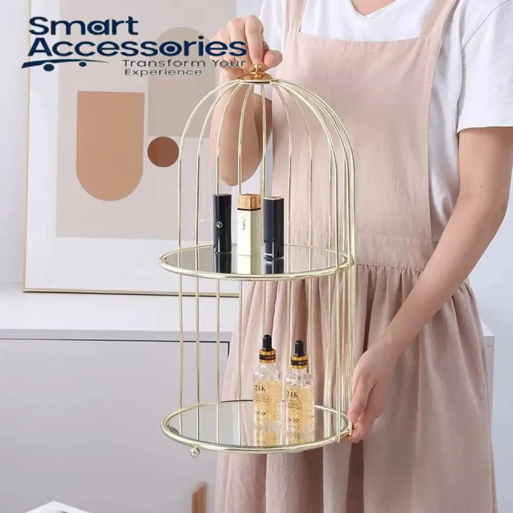 New Style Birdcage Makeup Organizer Metal Brass Cosmetic With Mirror Shelves