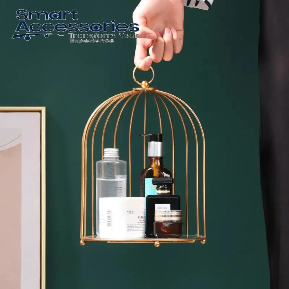 New Style Birdcage Makeup Organizer Metal Brass Cosmetic With Mirror Shelves