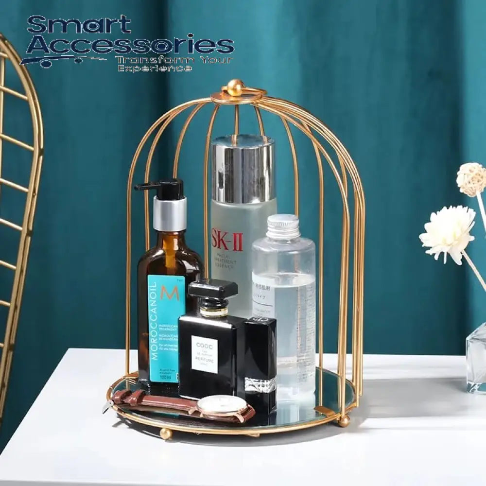 New Style Birdcage Makeup Organizer Metal Brass Cosmetic With Mirror Shelves