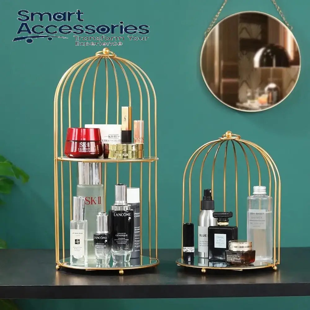 New Style Birdcage Makeup Organizer Metal Brass Cosmetic With Mirror Shelves