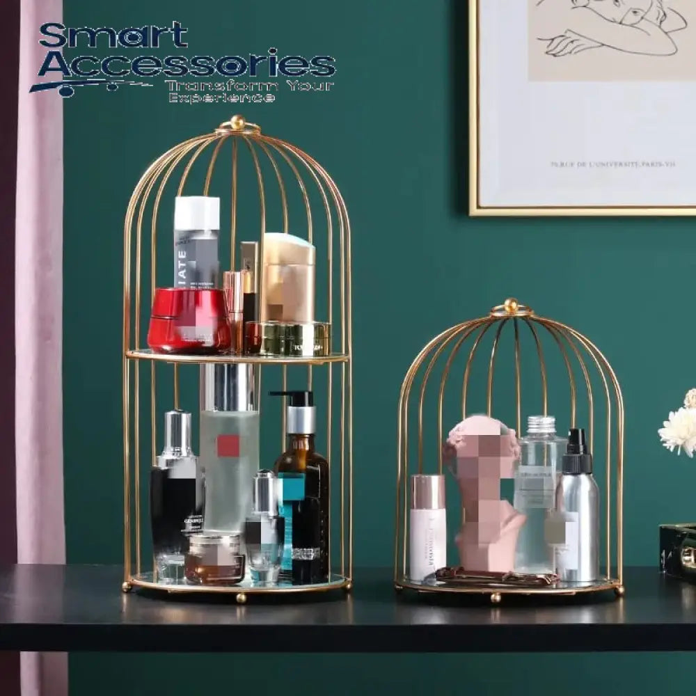 New Style Birdcage Makeup Organizer Metal Brass Cosmetic With Mirror Shelves