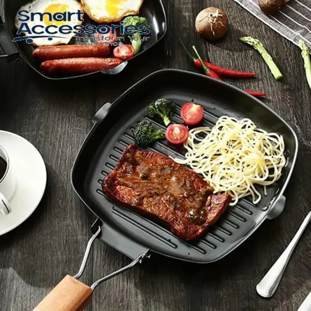 Nonstick Grill Pan With Folding Handle Striped Steak Frying Square