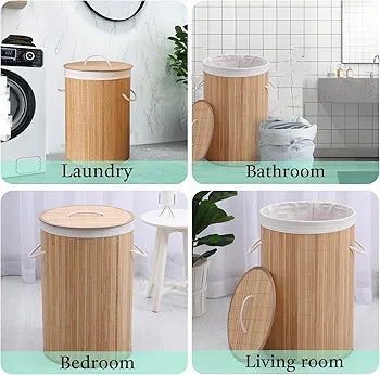 Round Foldable Natural Bamboo Laundry Basket With Lid