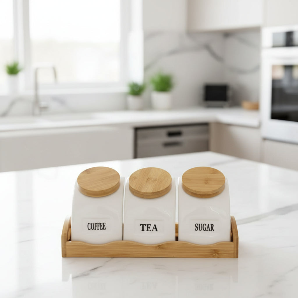 3Pcs Bamboo Jars Set With Stand