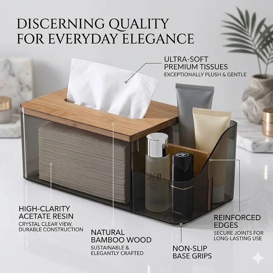 Acrylic Tissue Box Bamboo Lid With Remote Holder