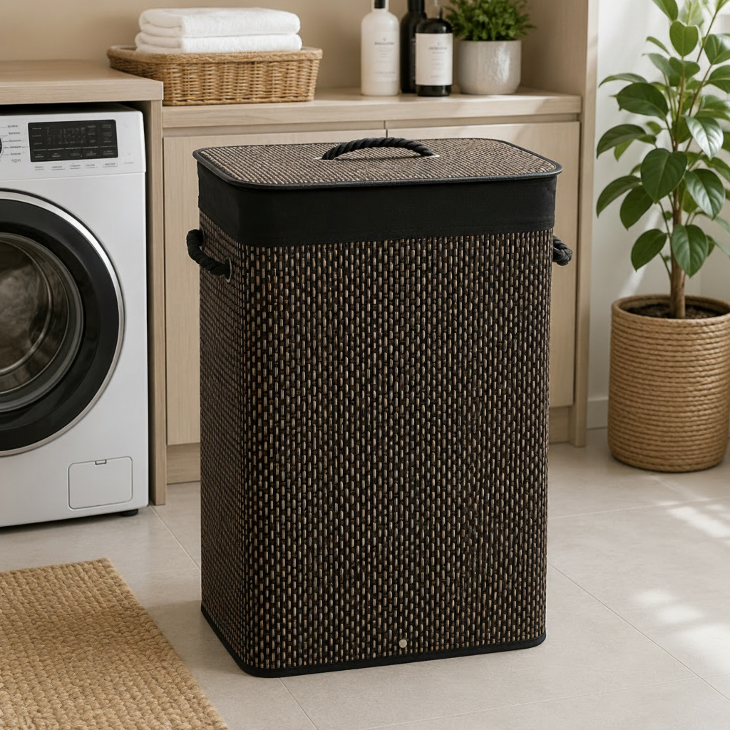 Foldable Woven Clothes Luxury Rectangular Bamboo Laundry Basket with Lid