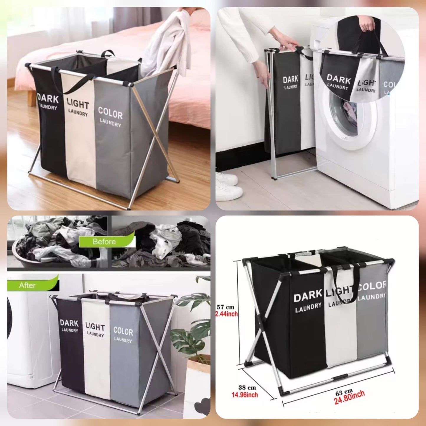 3 Compartment Foldable Laundry Storage Basket