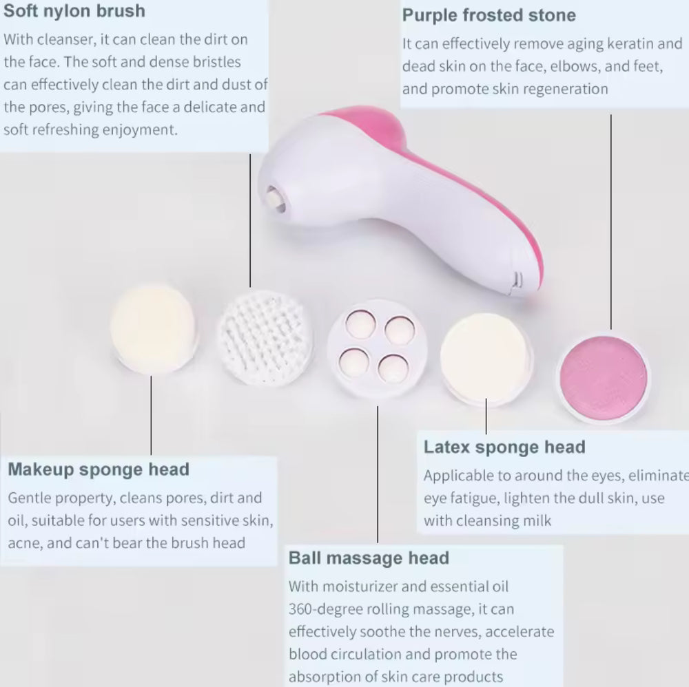 5 In 1 Multifunctional Face Cleansing Brush, Battery Powered Facial Cleaner