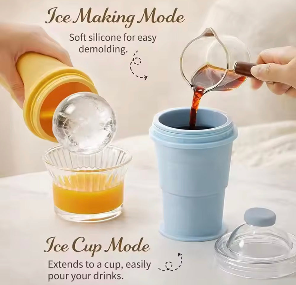 2 In 1 Collapsible Silicone Ice Ball Cup, Reusable Portable Ice Sphere Mold with Straw Lid