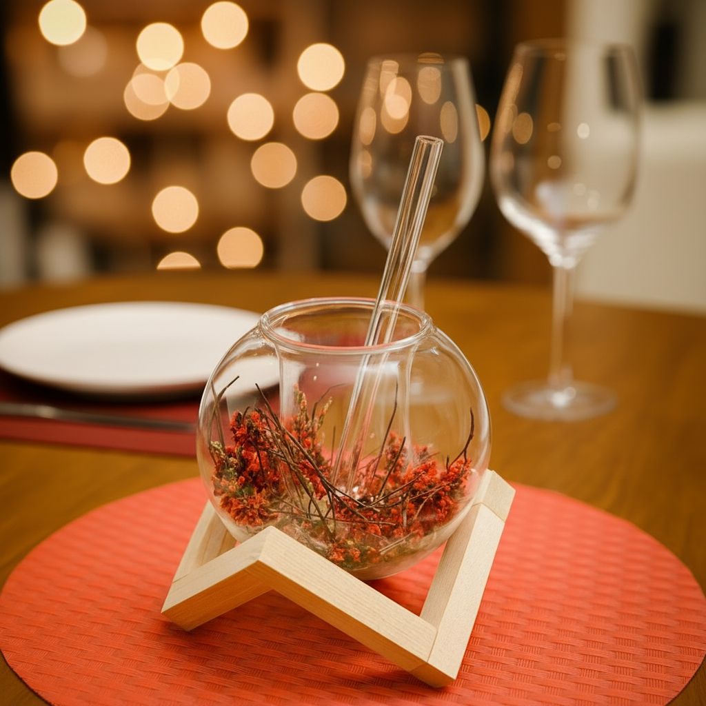 Heat Resistant Double Wall Glass Coffee Cup With Straw & Wooden Stand