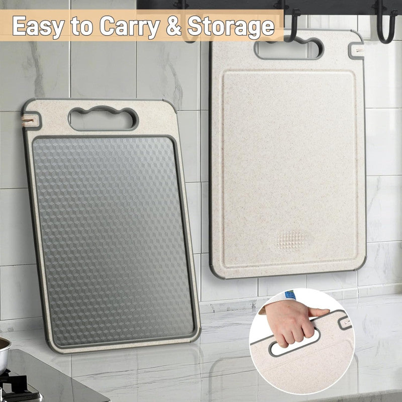 Double Sided Cutting Board for Kitchen, 304 Stainless Steel and Wheat Straw Chopping Board
