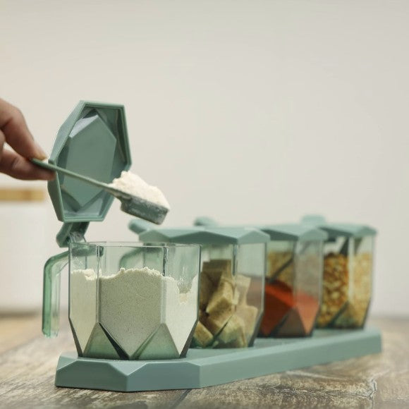 4 Compartment Spice Jar Set With Spoons & Tray