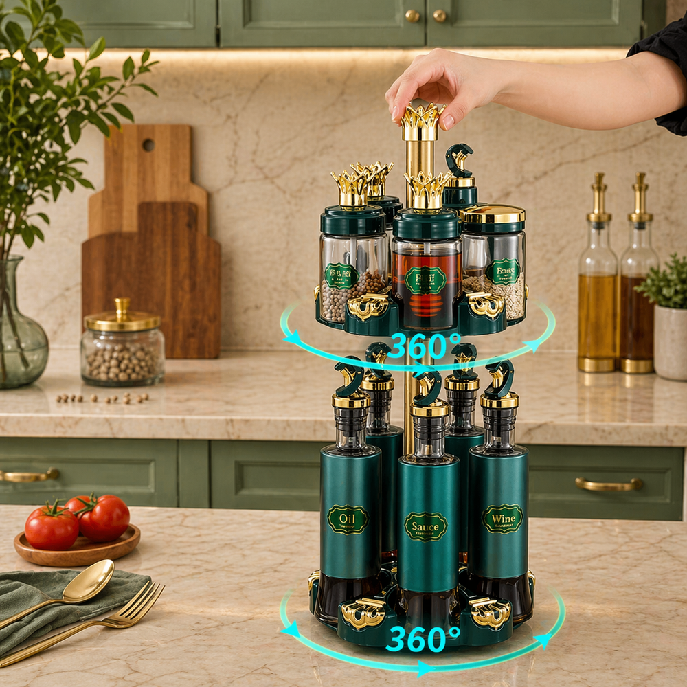 Luxury Spice Organizer Stand, Rotating Oil And Spice Dispenser Set
