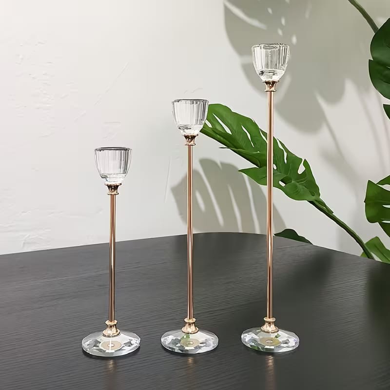 Golden Crystal Candle Holder With Metal Stand (3 Piece Set)
