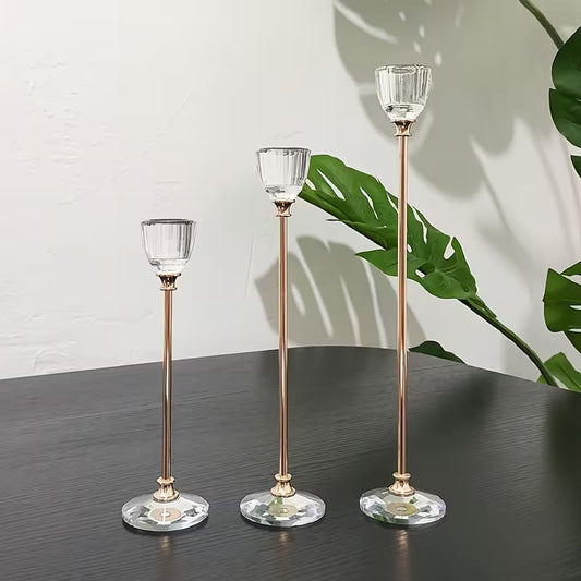 Golden Crystal Candle Holder With Metal Stand (3 Piece Set)