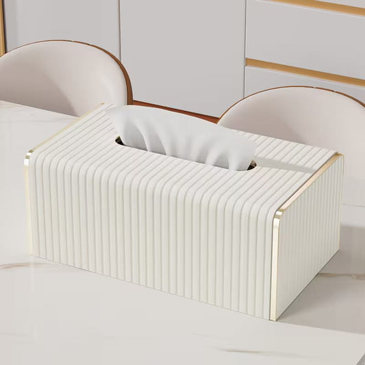 Nordic-style White Leather Tissue Box Cover With Gold Accent Edge