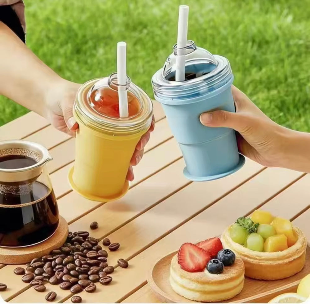 2 In 1 Collapsible Silicone Ice Ball Cup, Reusable Portable Ice Sphere Mold with Straw Lid