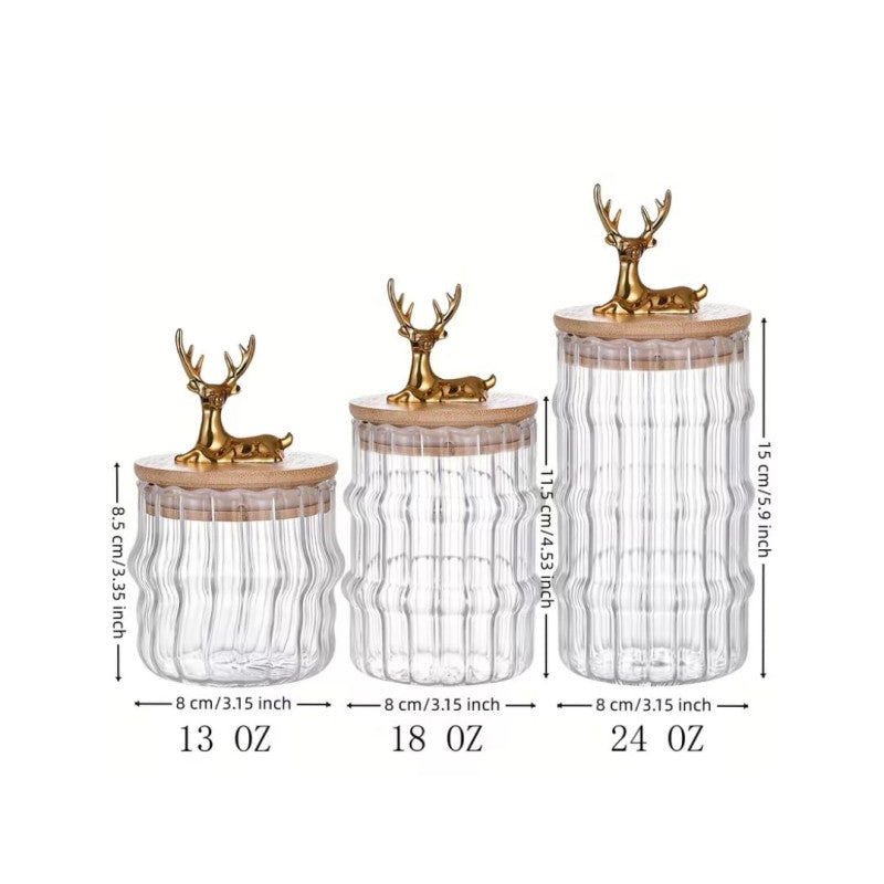 3 Pieces Luxury Ribbed Glass Storage Jar Set With Airtight Bamboo Lids