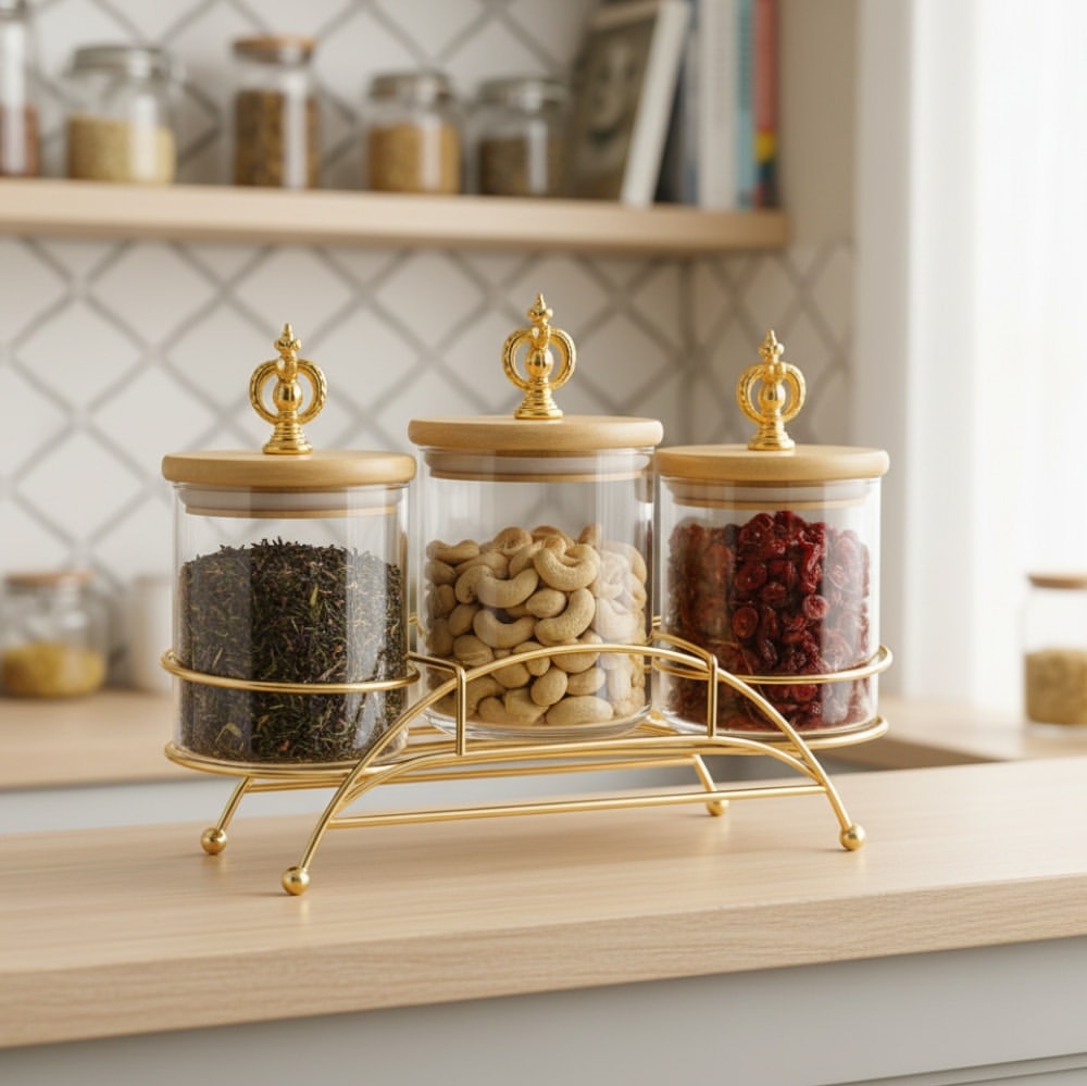 Majestic 3-Piece Glass Jar Set with Golden Metal Stand