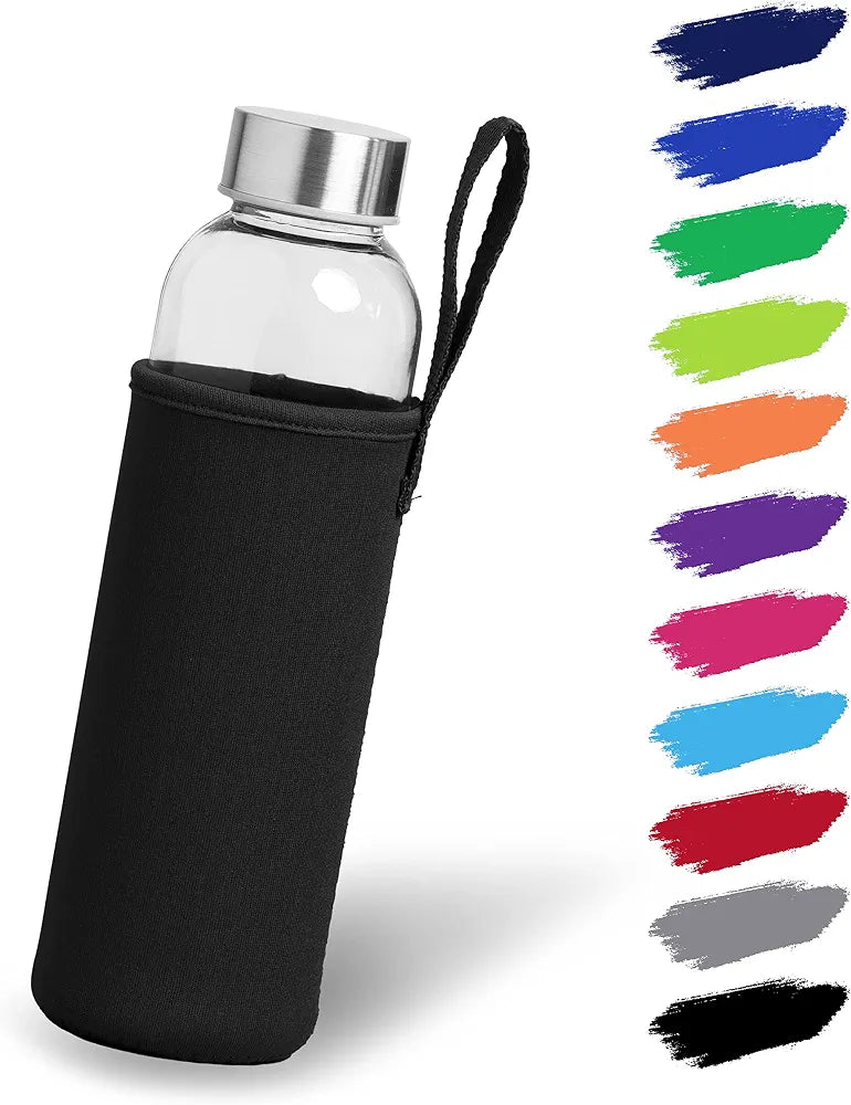 Borosilicate Glass Water Bottle With Stainless Steel Lid & Protective Sleeves