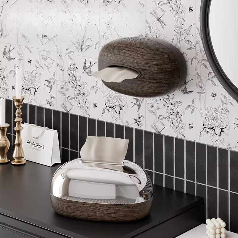 Premium Oval Chrome Style Finishing Tissue Box With Wooden Base